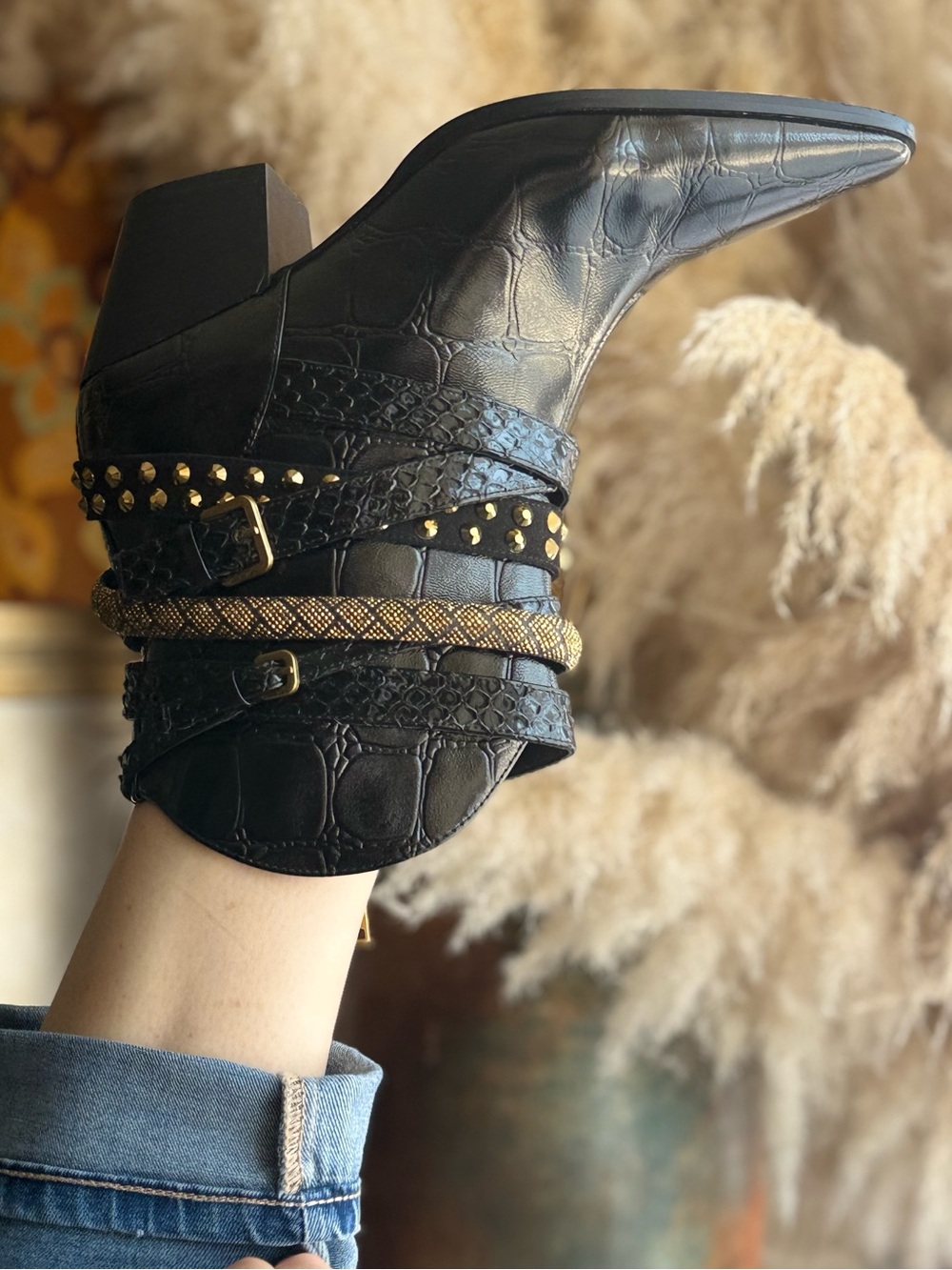 KURT GEIGER BLACK Croc-Embossed Pointed Ankle Booties gold accents western shoes